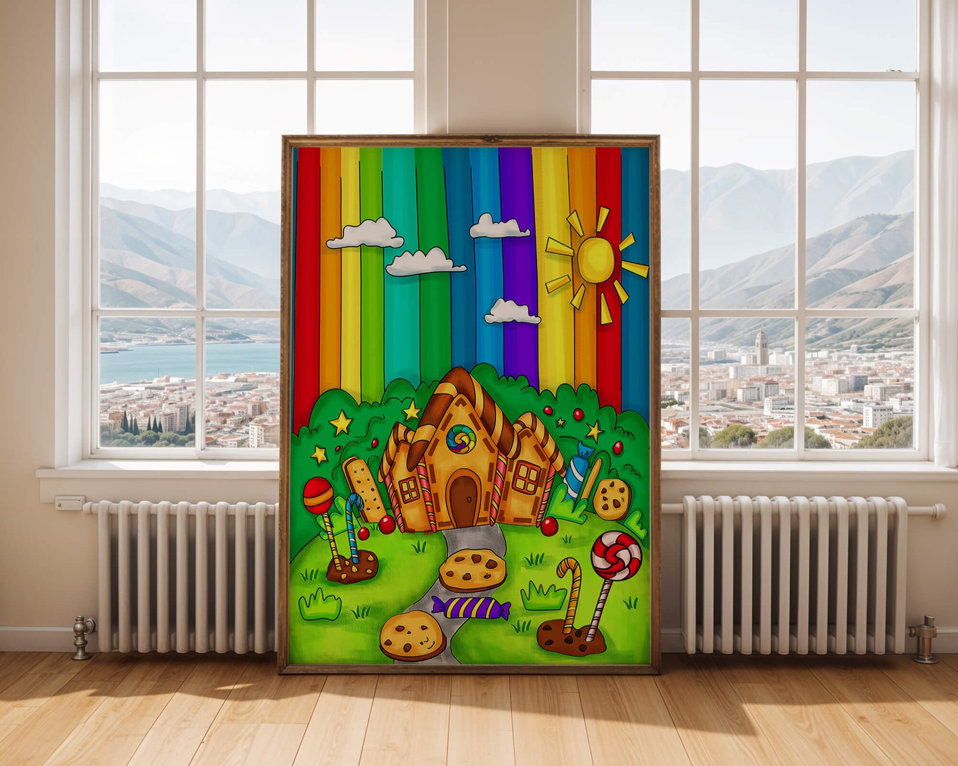 Whimsical candy house in a vibrant rainbow landscape