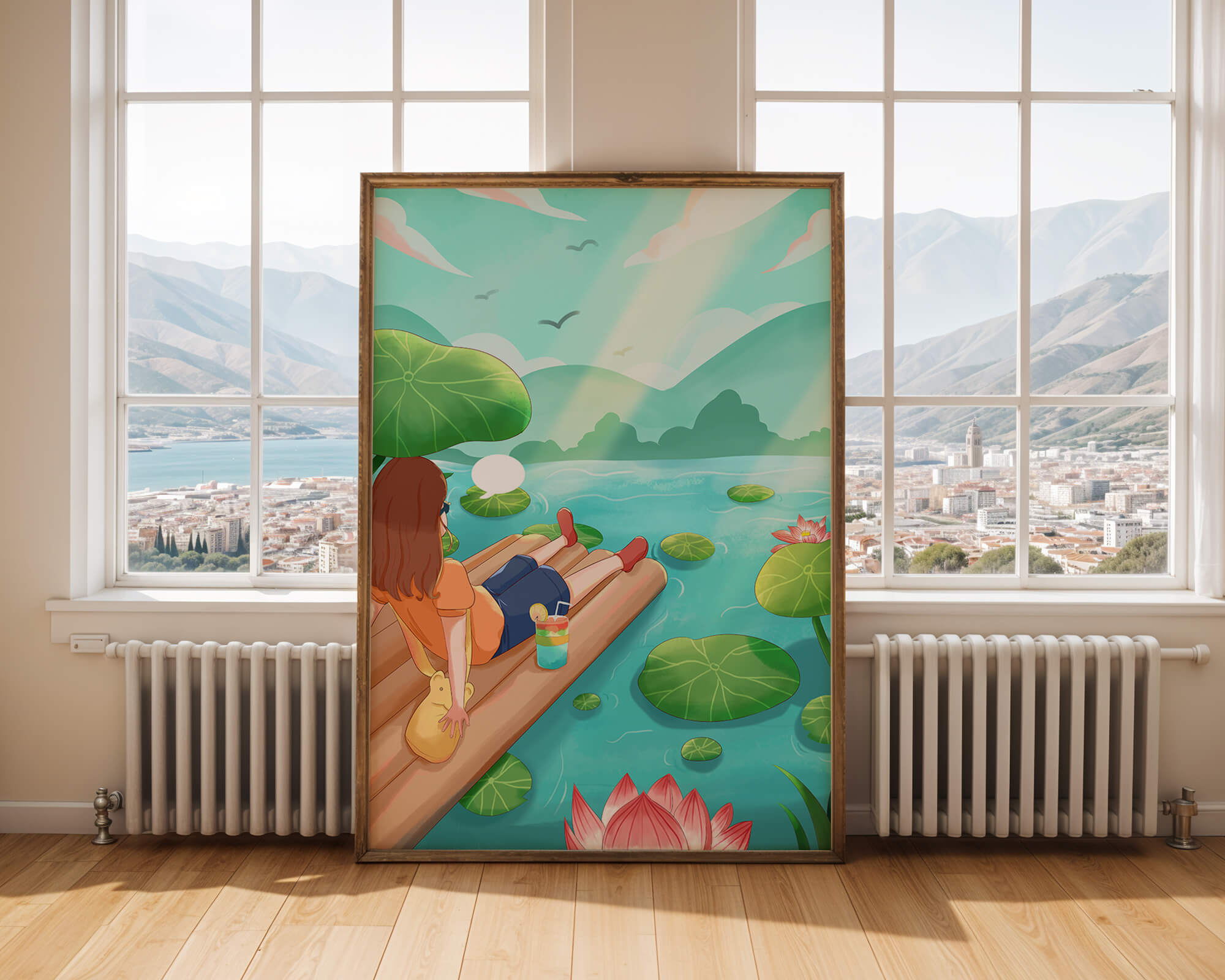 Peaceful lake scene with raft and relaxing atmosphere