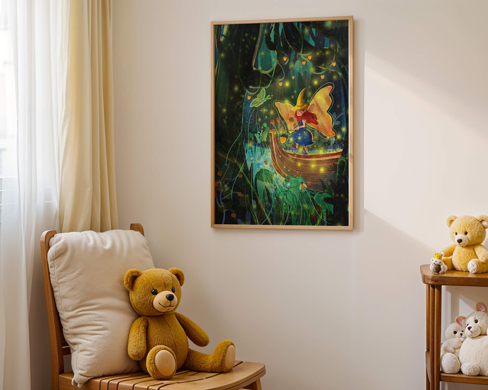 Fairy in an enchanted forest with glowing butterflies and lanterns