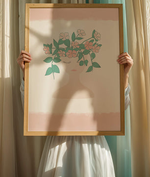 Illustration of a Minimalist Face with Floral Headpiece and Pink Background