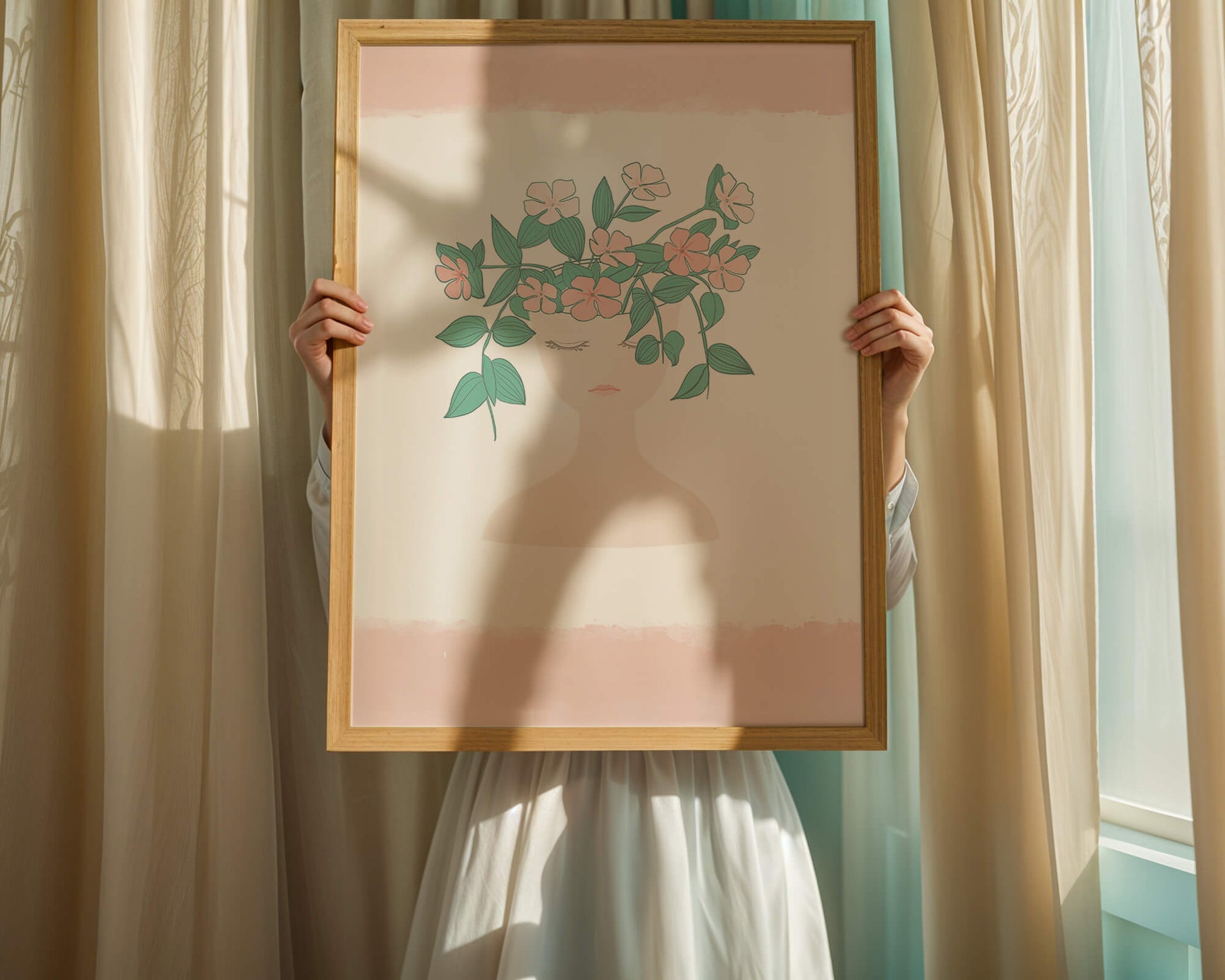 Illustration of a Minimalist Face with Floral Headpiece and Pink Background