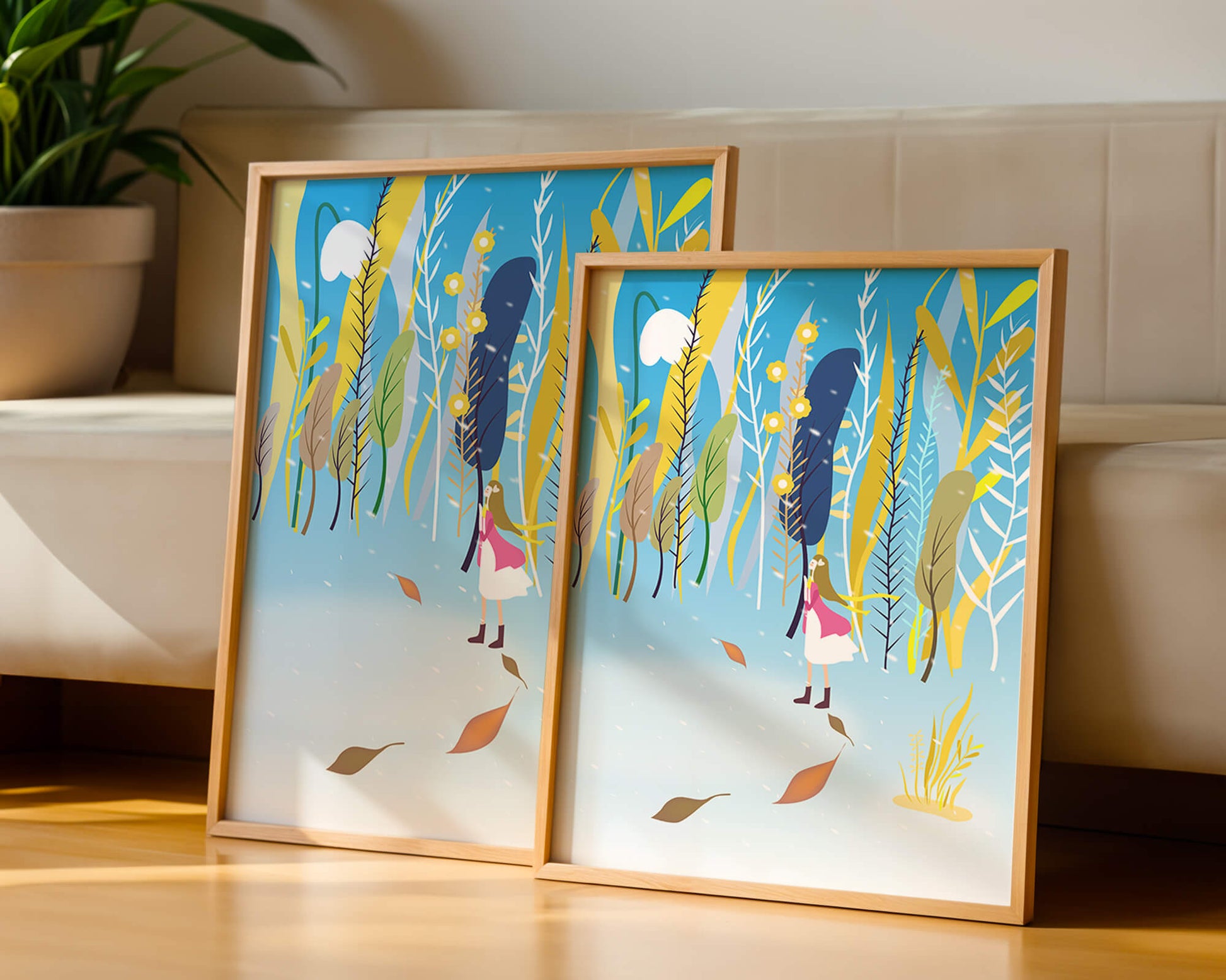 Whimsical scene with girl in colorful abstract forest