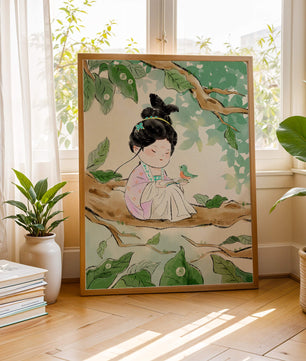 Serene illustration of a girl with a bird in a tree