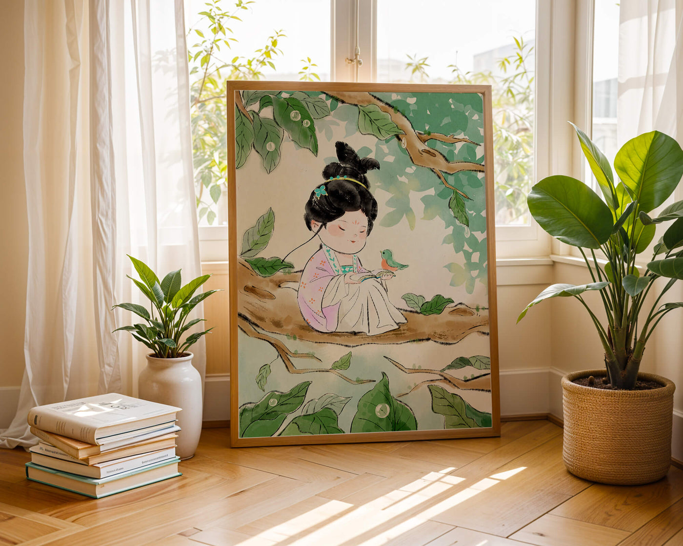 Serene illustration of a girl with a bird in a tree