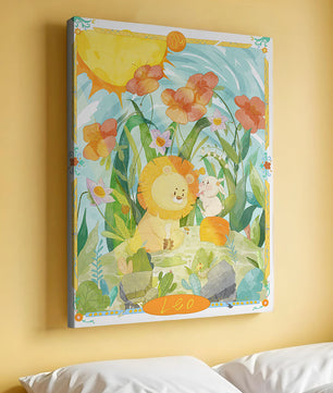 Charming watercolor illustration of lion and rabbit in a vibrant floral landscape