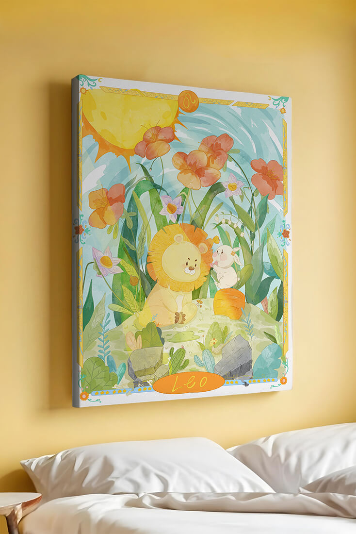 Charming watercolor illustration of lion and rabbit in a vibrant floral landscape