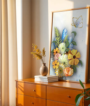 Floral and crystal arrangement with golden butterfly