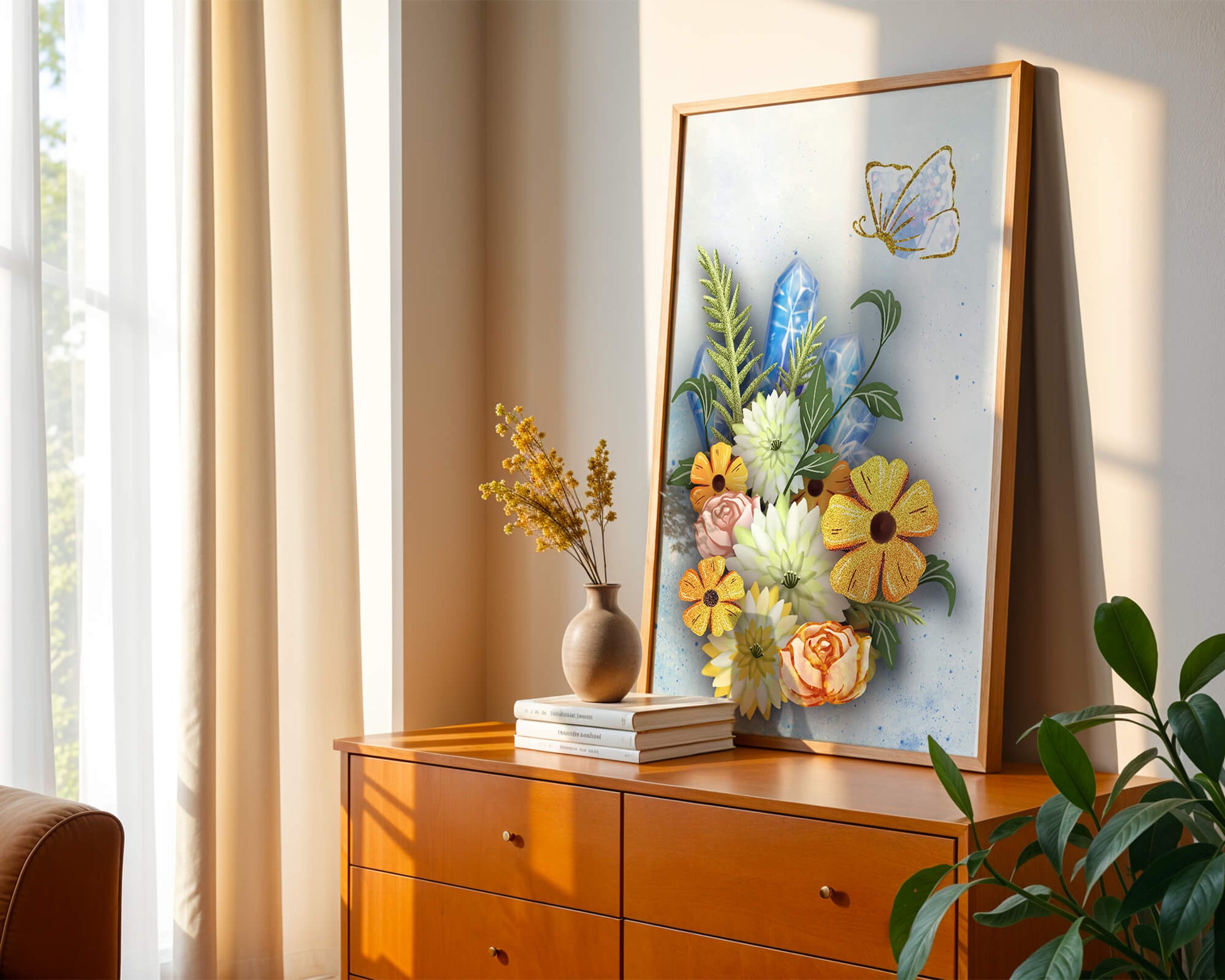 Floral and crystal arrangement with golden butterfly