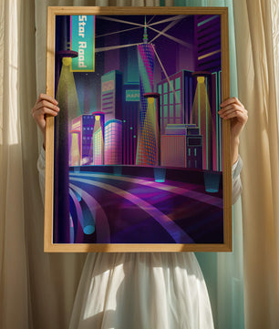 Futuristic Neon Cityscape with Illuminated Skyscrapers and Curved Road