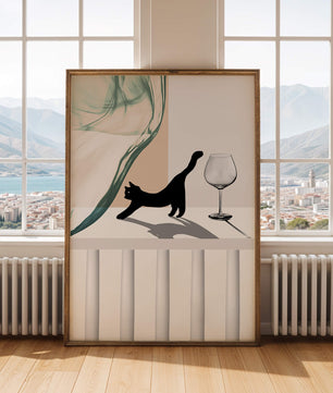 Composición abstracta con gato negro y copa de vino sobre fondo geométrico
