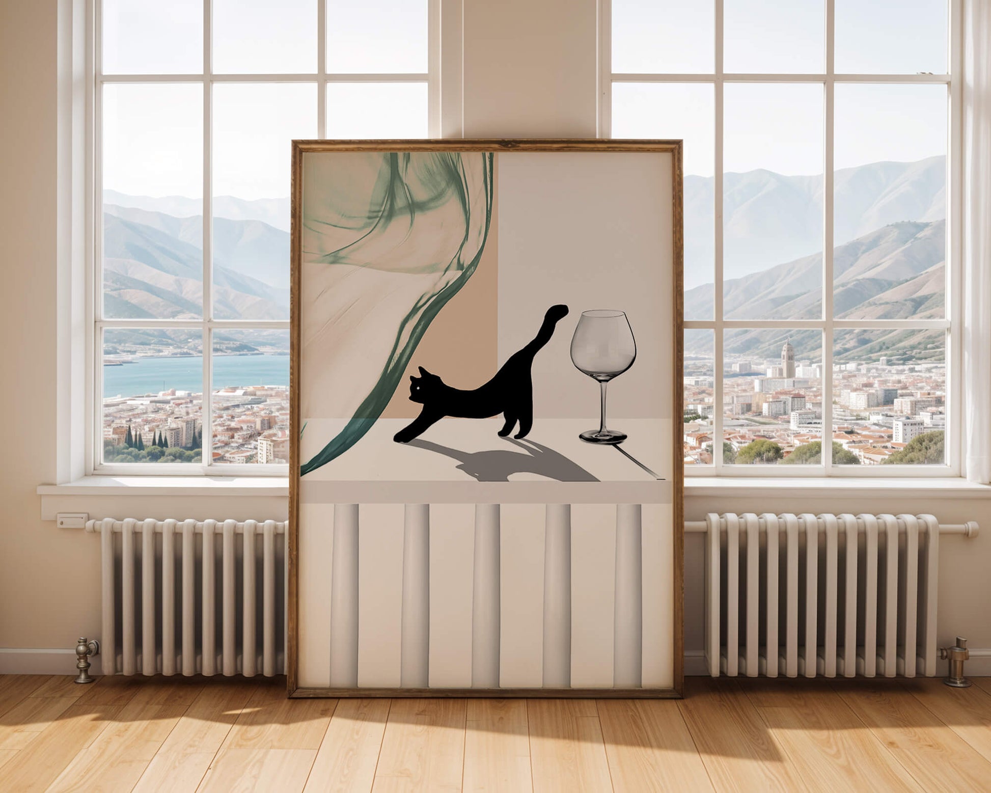 Abstract Composition with Black Cat and Wine Glass on Geometric Background