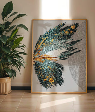 Ala de mariposa abstracta con detalles turquesa y dorados