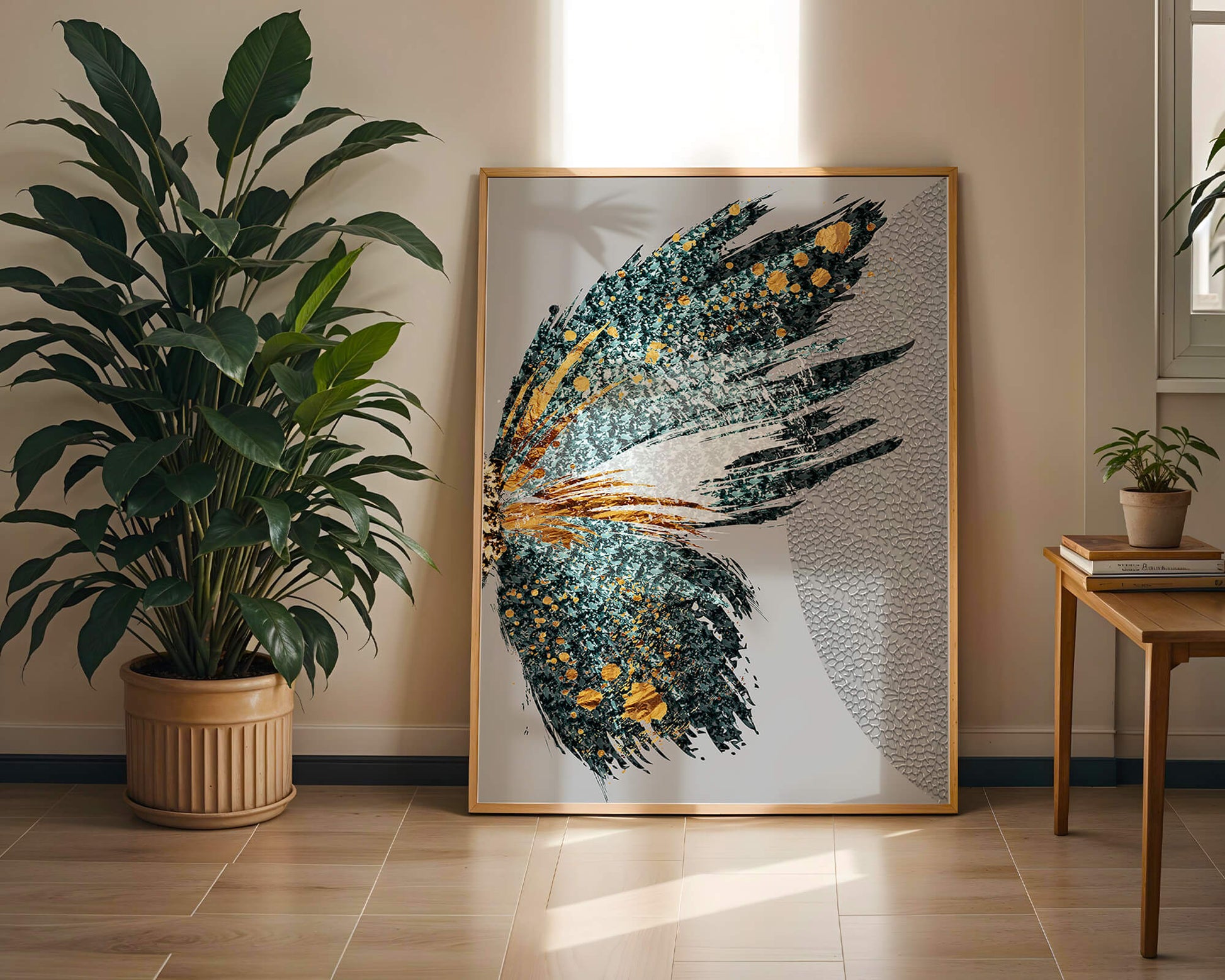 Ala de mariposa abstracta con detalles turquesa y dorados