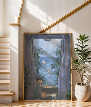 Serene seaside view from an open window with a sailboat and relaxing atmosphere