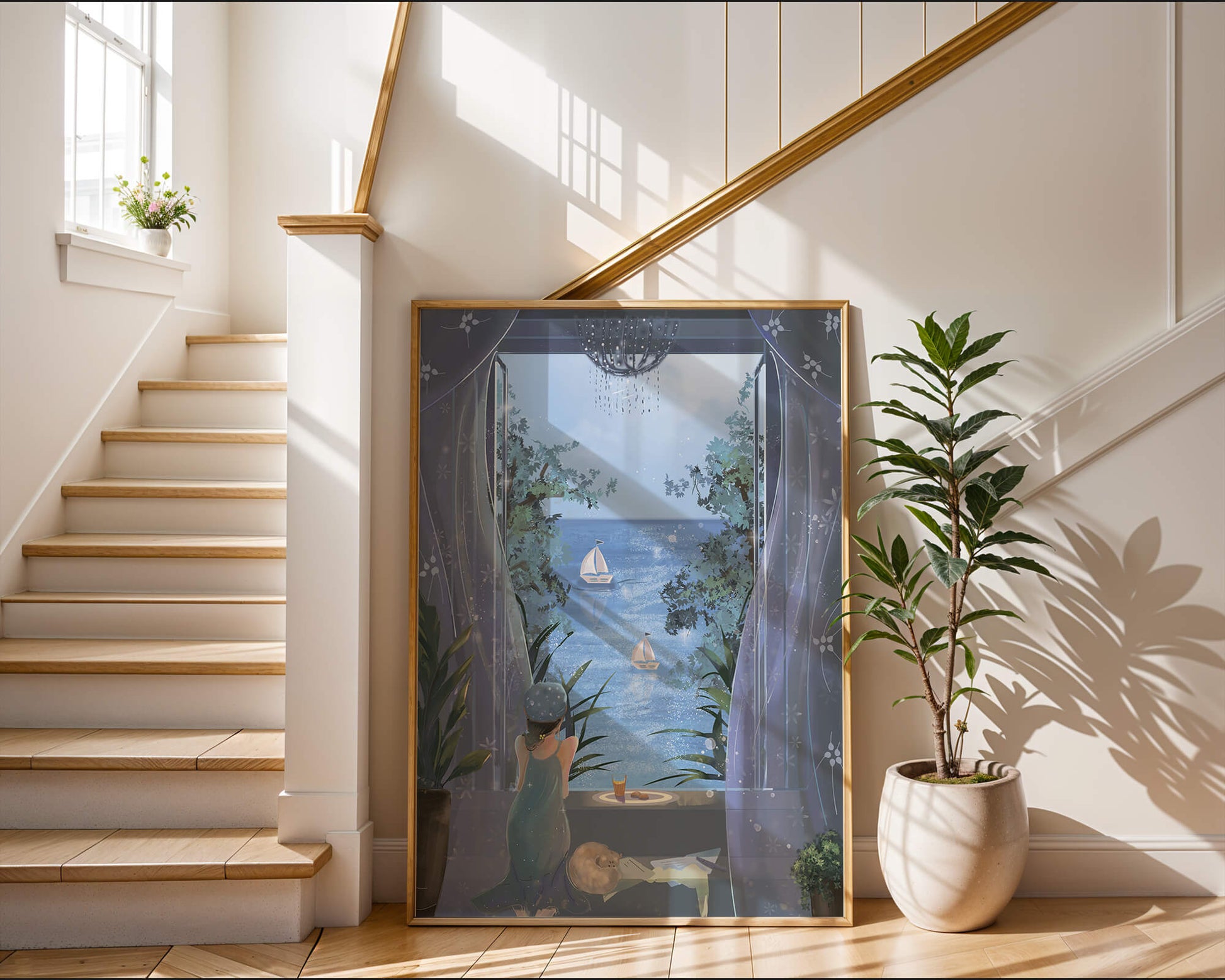 Serene seaside view from an open window with a sailboat and relaxing atmosphere