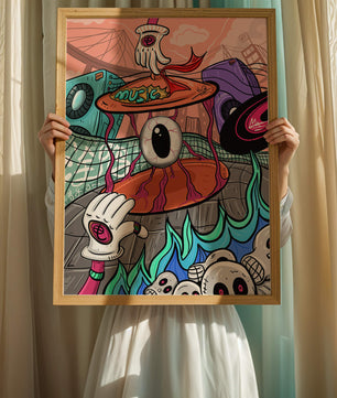 Ilustración abstracta surrealista colorida con un ojo vívido y elementos surrealistas