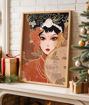 Elegante retrato de una mujer asiática con atuendo tradicional y elementos florales