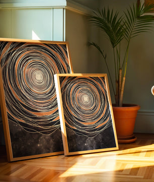 Espiral cósmica abstracta con patrones ovalados concéntricos y fondo estrellado