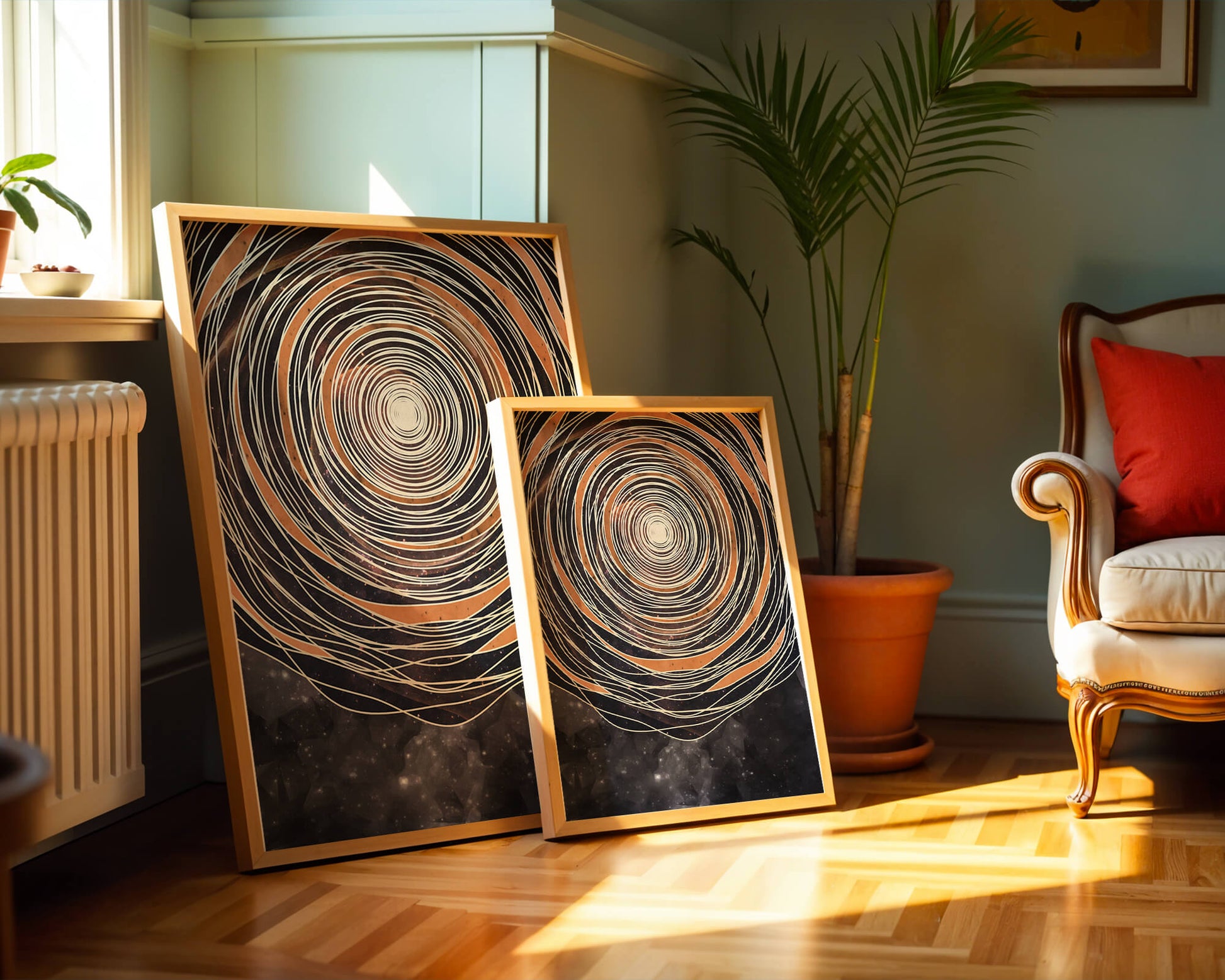 Abstract cosmic spiral with concentric oval patterns and starry background