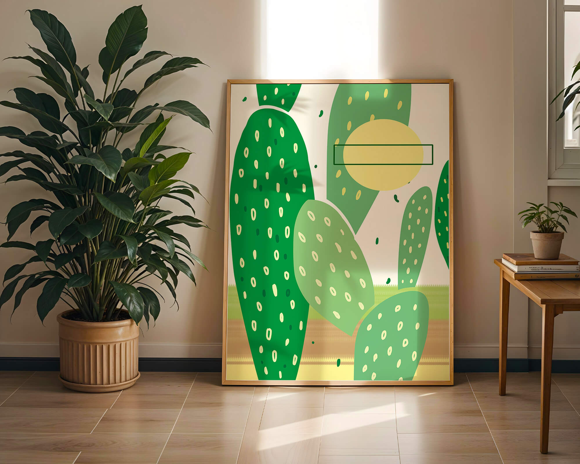 Abstract cactus art with green and yellow elements