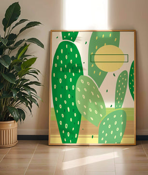 Art abstrait de cactus avec des éléments verts et jaunes