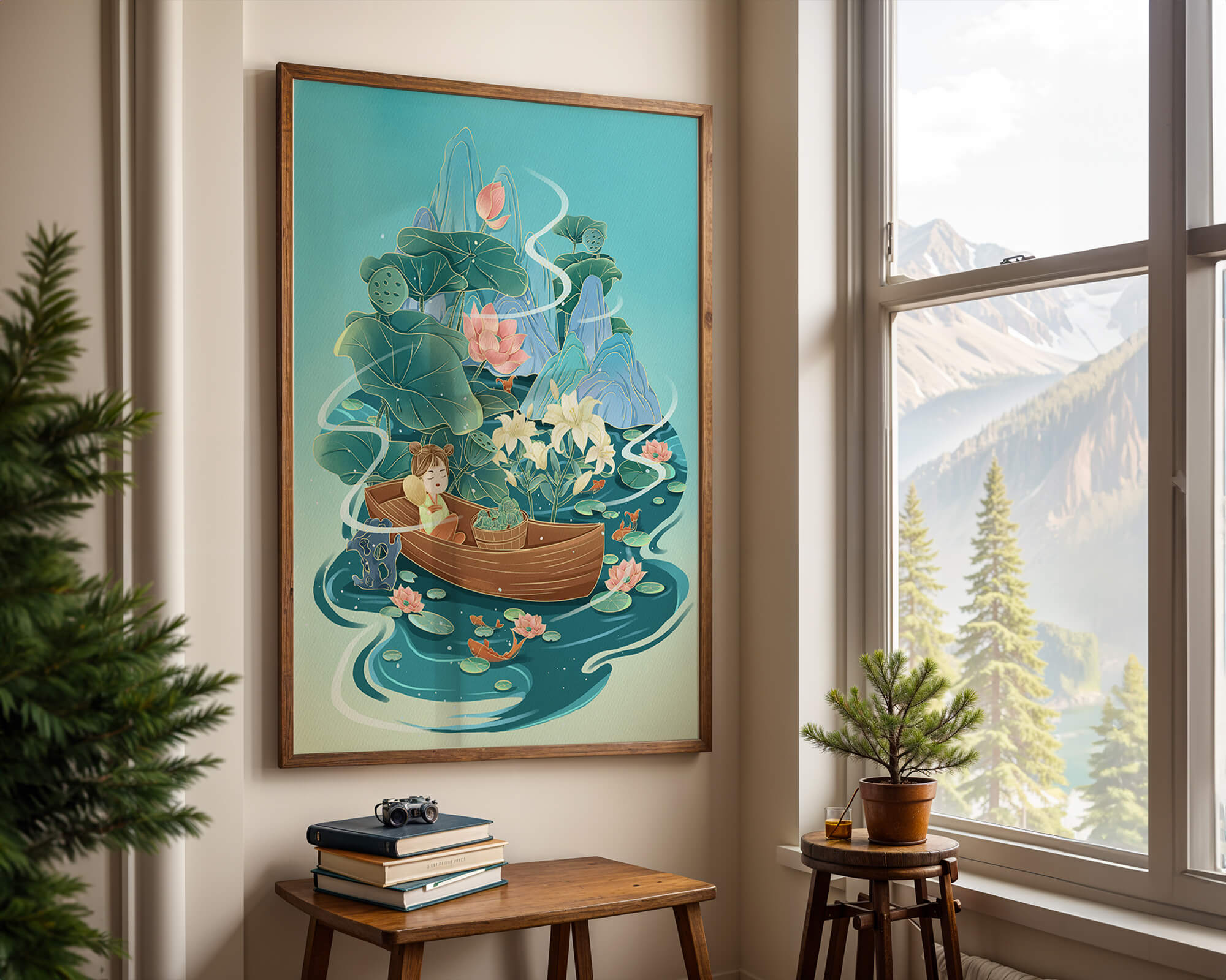 Serene landscape with lotus and boat in a tranquil water scene
