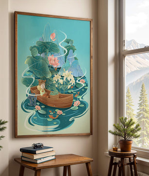 Heitere Landschaft mit Lotus und Boot in einer ruhigen Wasserszene