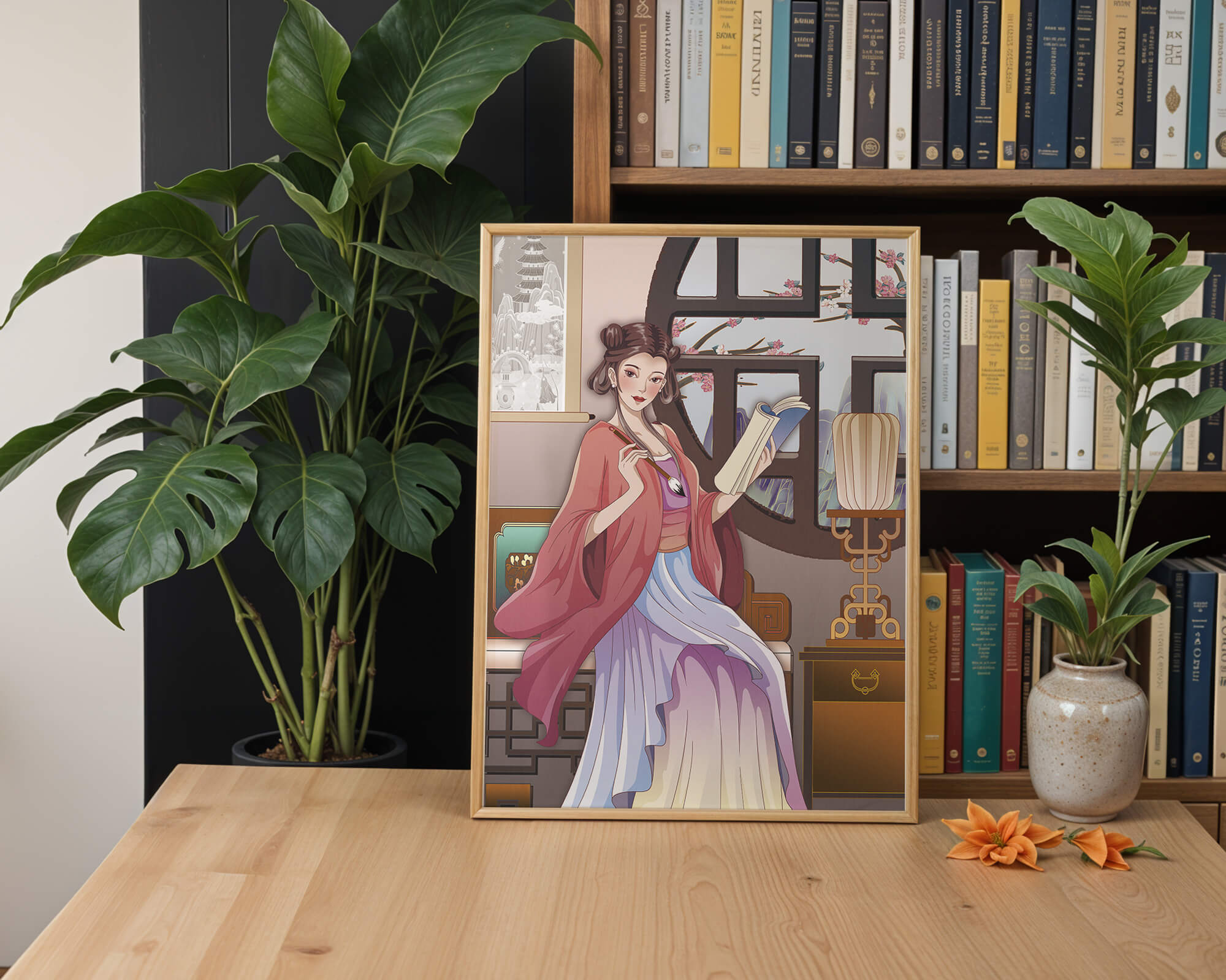 Illustrated scene of a woman in traditional attire reading by a window