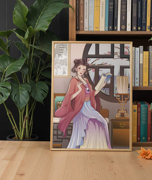 Illustrated scene of a woman in traditional attire reading by a window