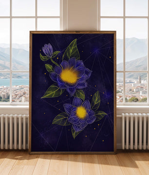 Floral Art with Blue and Yellow Lotus Design on Starry Background
