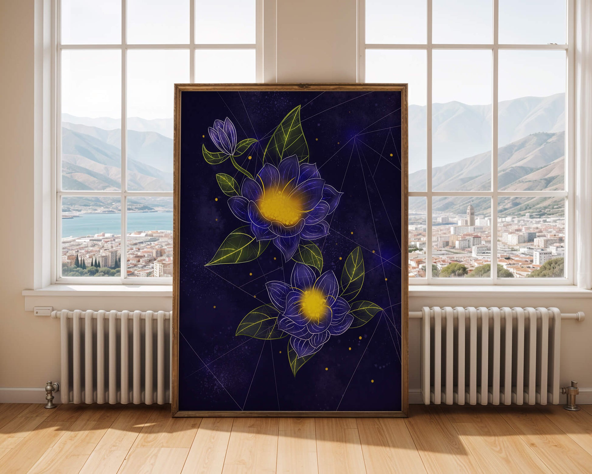 Floral Art with Blue and Yellow Lotus Design on Starry Background