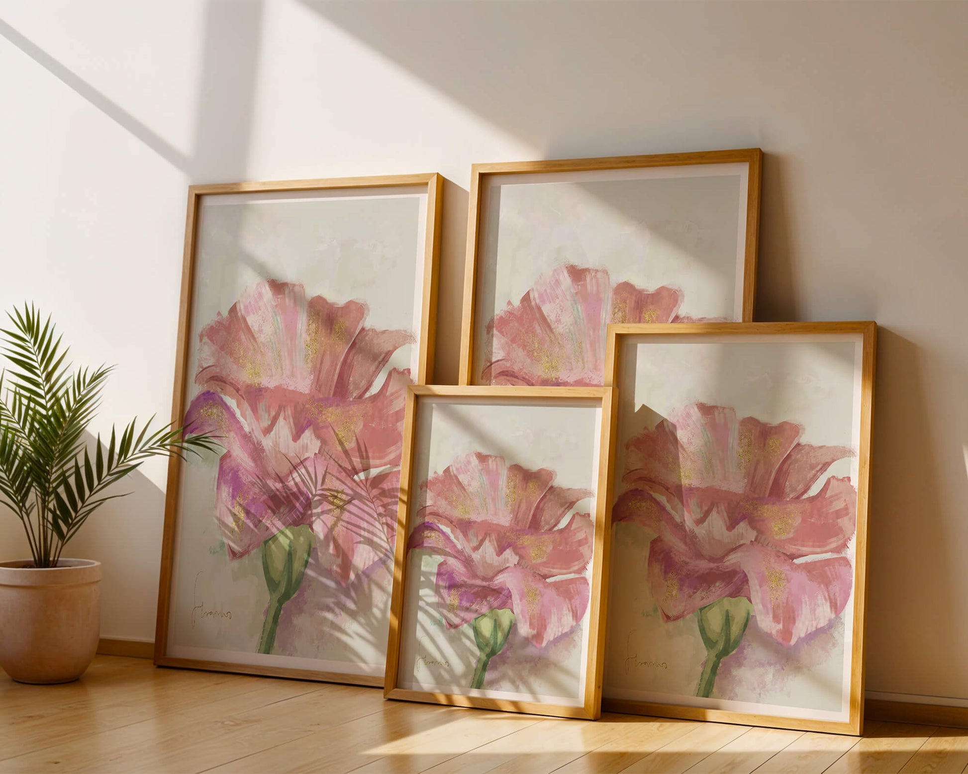 Beautiful pink flower painting with golden accents