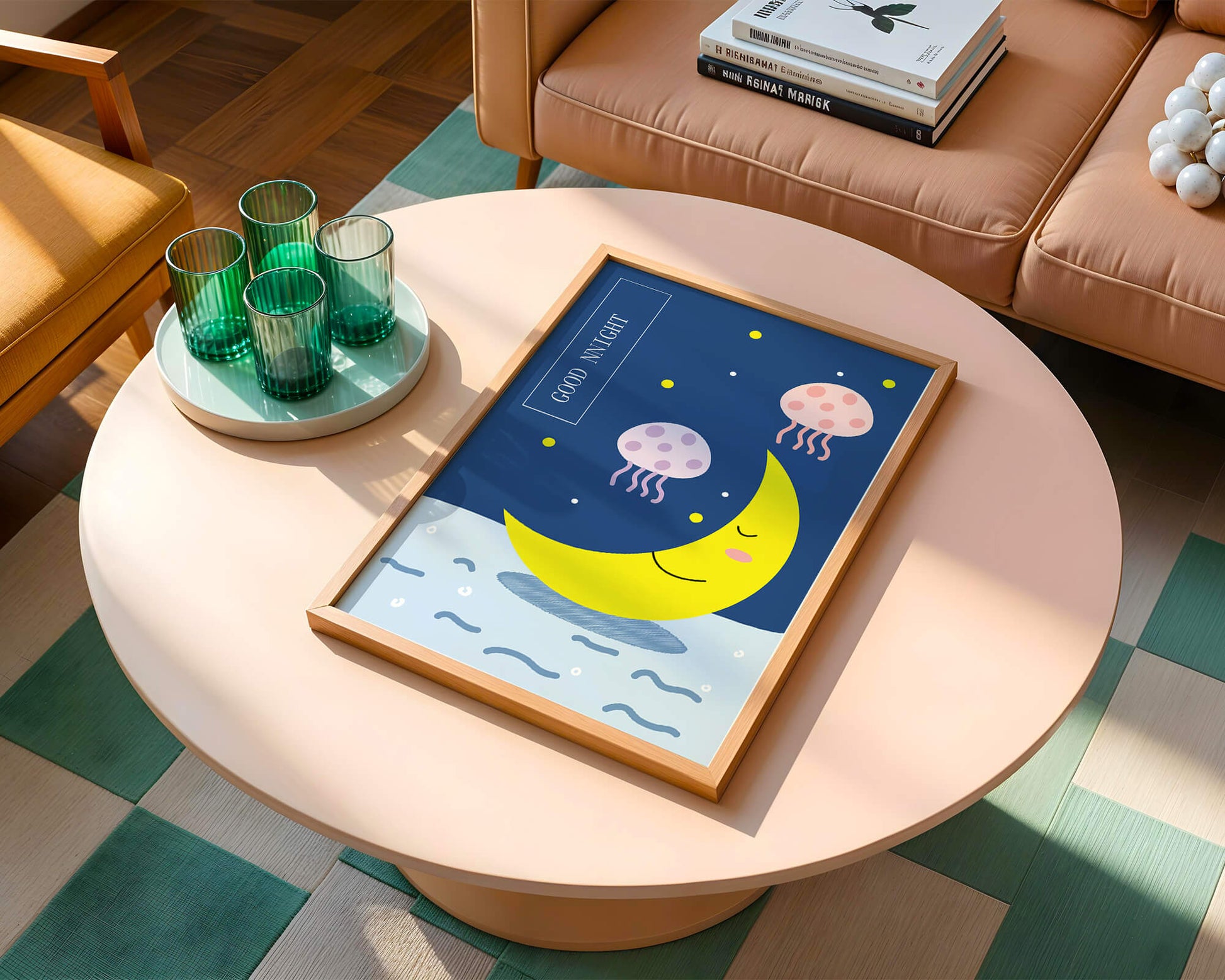 Whimsical night scene with a smiling moon and playful jellyfish