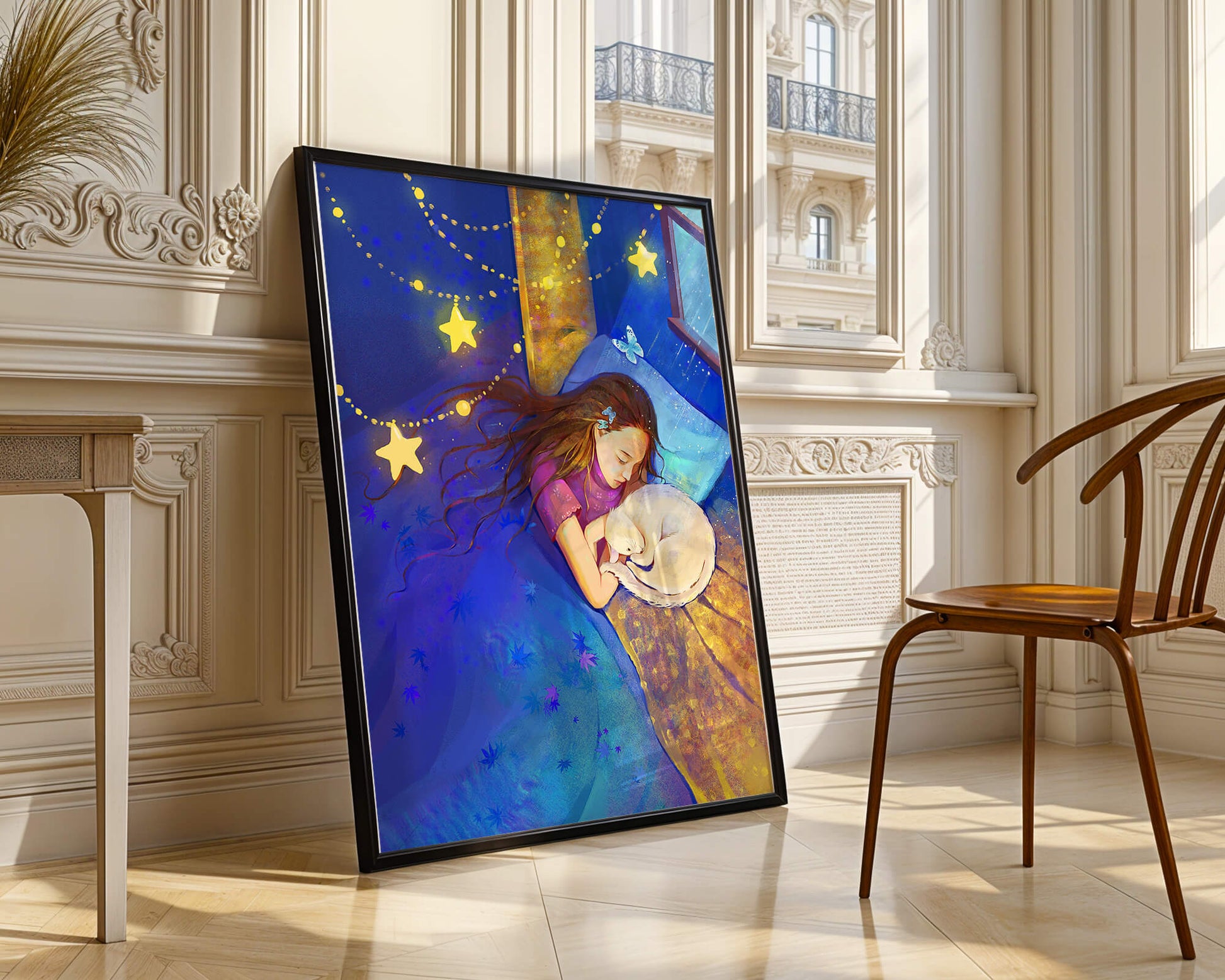 Girl sleeping with cat under starry night sky