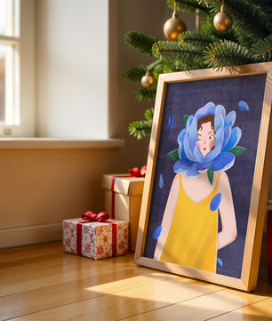 Illustration of woman with blue flower head and yellow dress