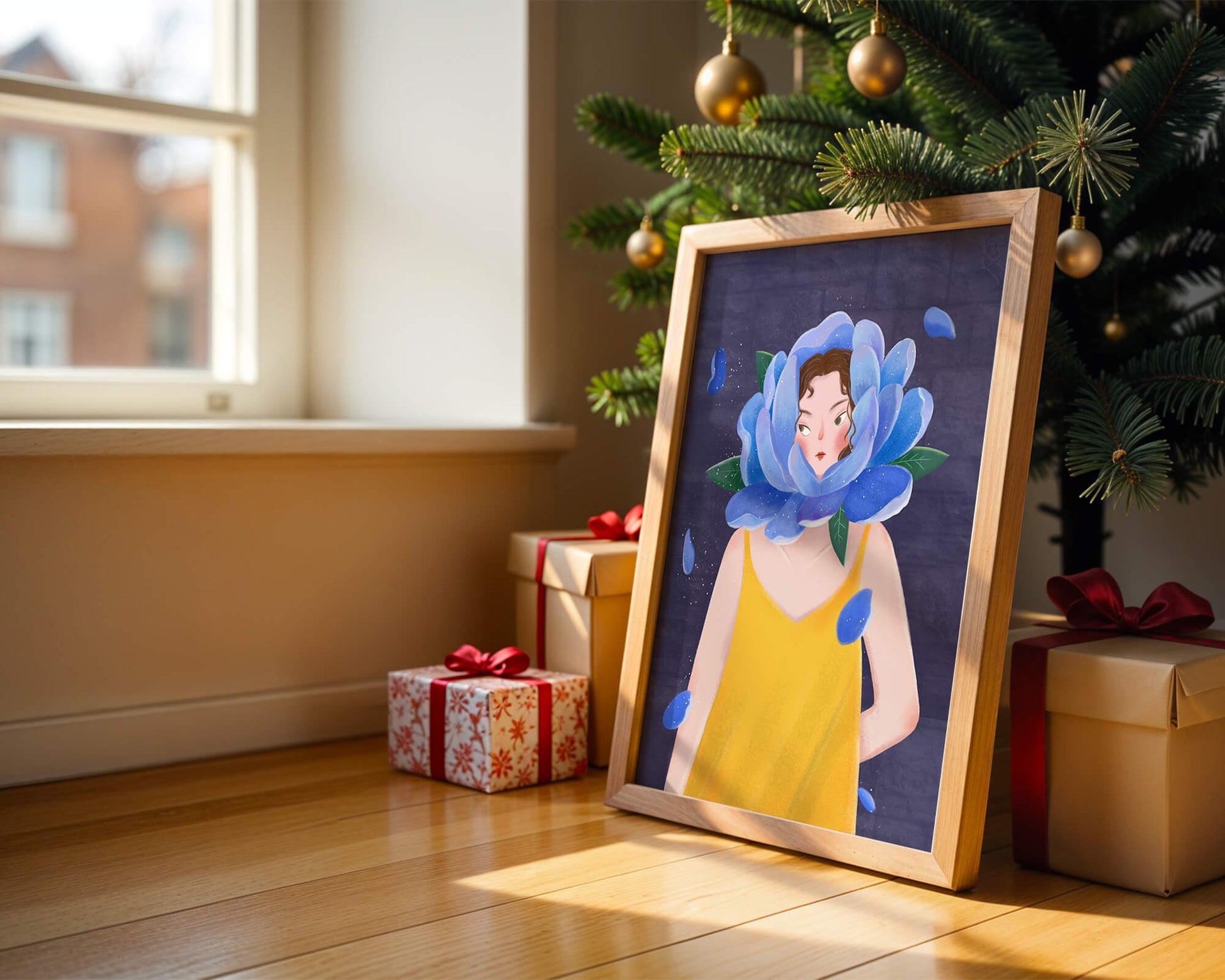 Illustration of woman with blue flower head and yellow dress