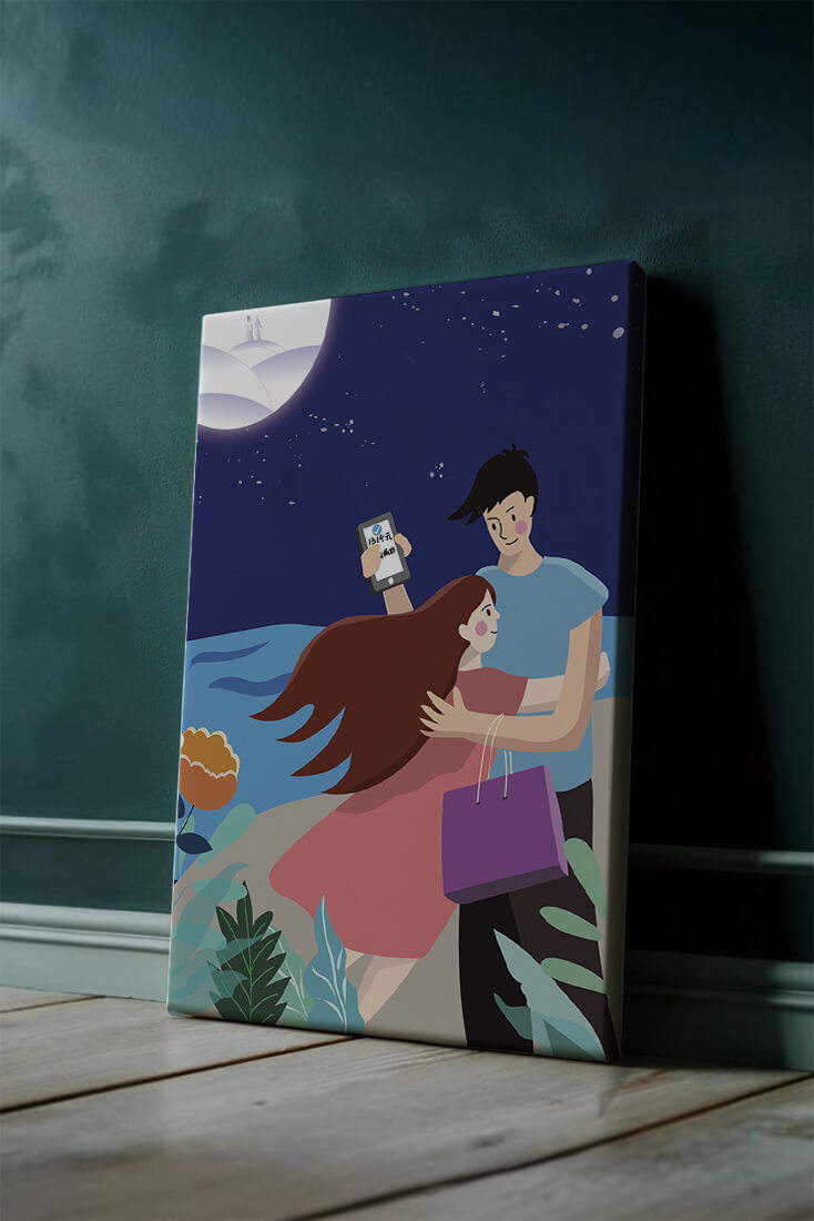 Romantic couple embracing under a moonlit night
