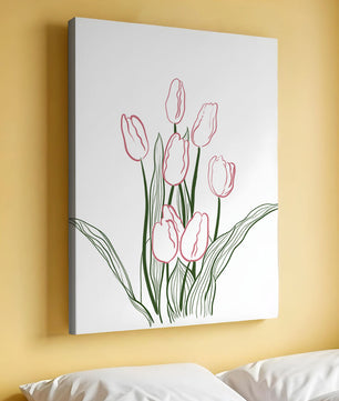 Wunderschöne rosa Tulpen mit grünen Blättern auf einer minimalistischen Leinwand