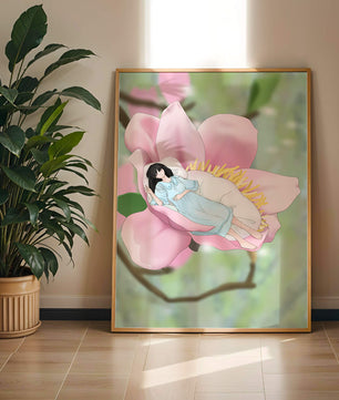 Escena onírica de una mujer durmiendo en una gran flor rosa