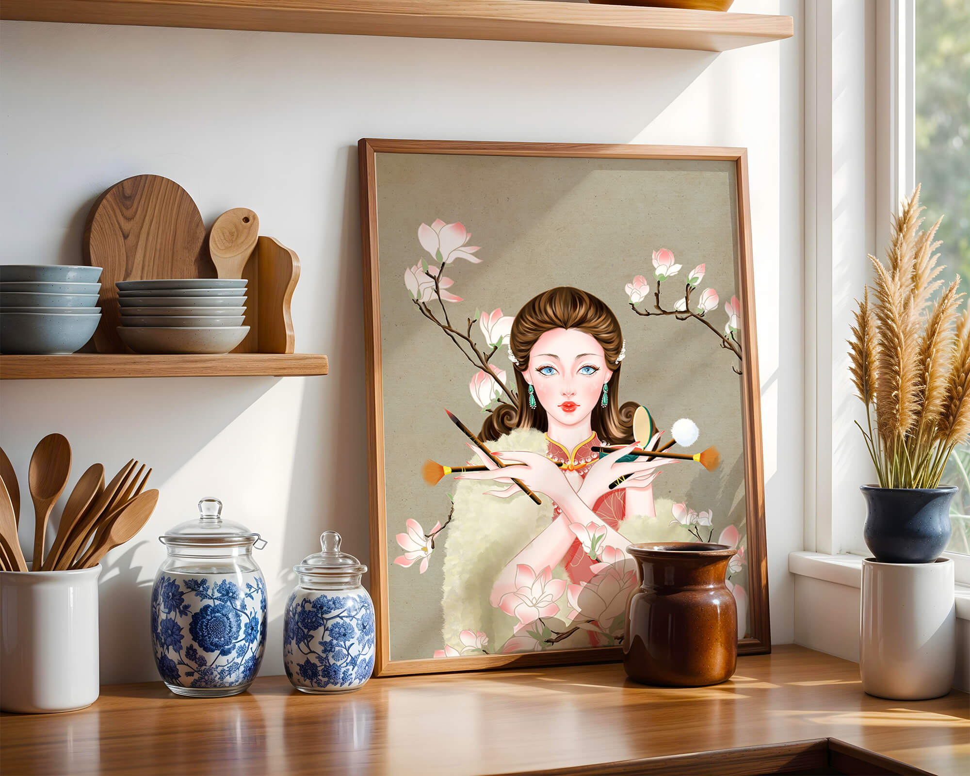 Elegant woman with makeup tools amidst blooming magnolia branches