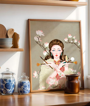 Femme élégante avec des outils de maquillage parmi des branches de magnolia en fleurs