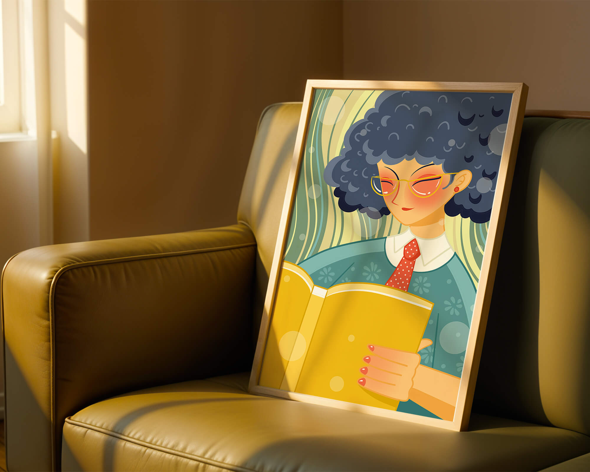 Illustration of a person reading a large yellow book in a stylized design