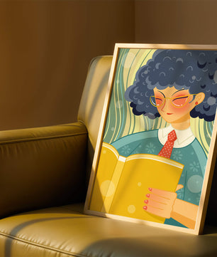 Illustration d'une personne lisant un grand livre jaune dans un style stylisé