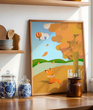 Herbstszene mit einem süßen Fuchs, Heißluftballons und einem bunten Baum
