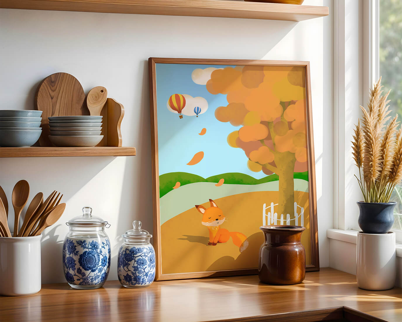 Herbstszene mit einem süßen Fuchs, Heißluftballons und einem bunten Baum