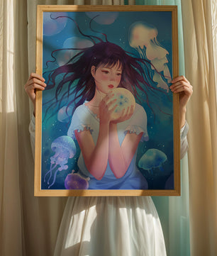 Enchanted underwater scene with girl and glowing jellyfish