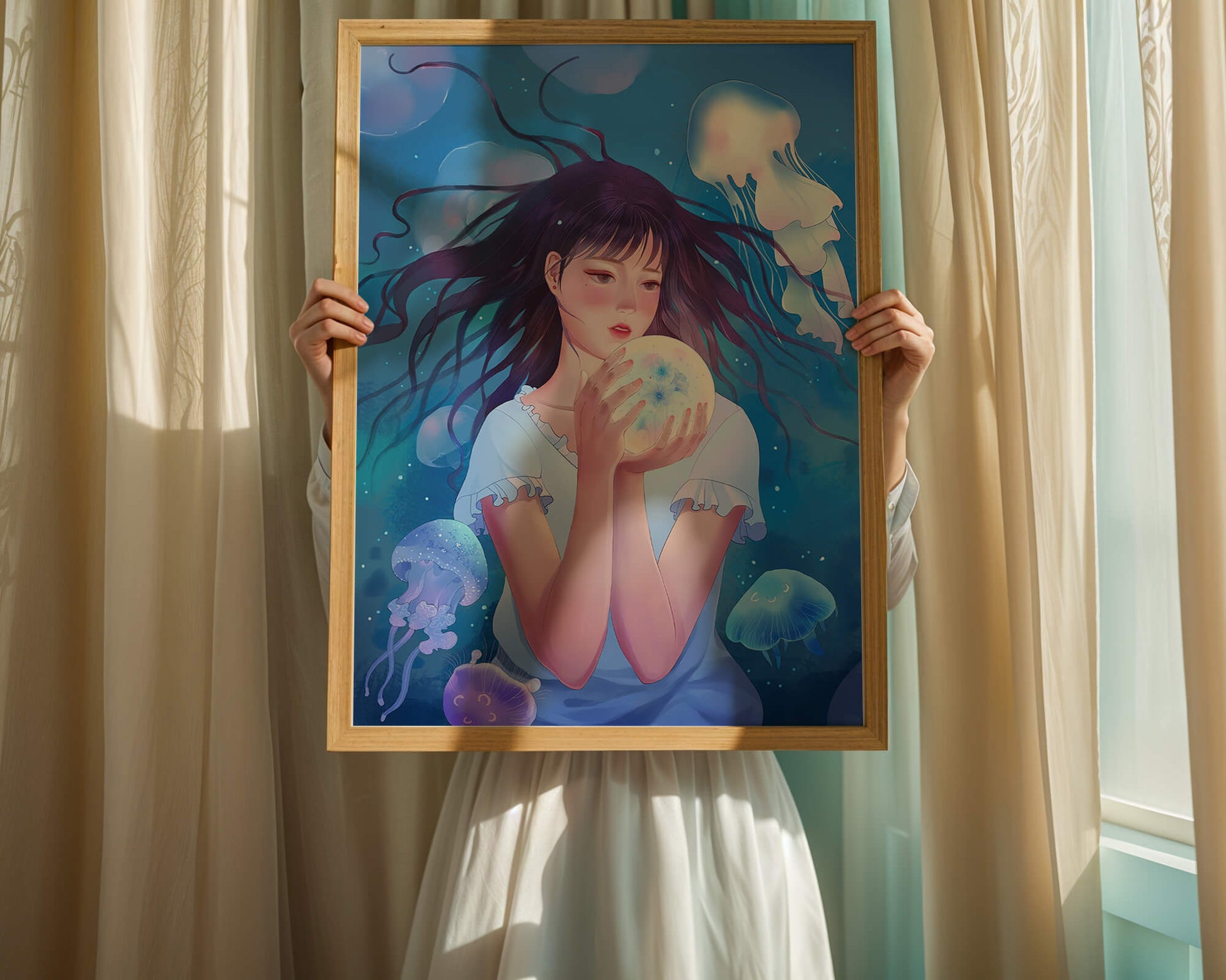 Enchanted underwater scene with girl and glowing jellyfish