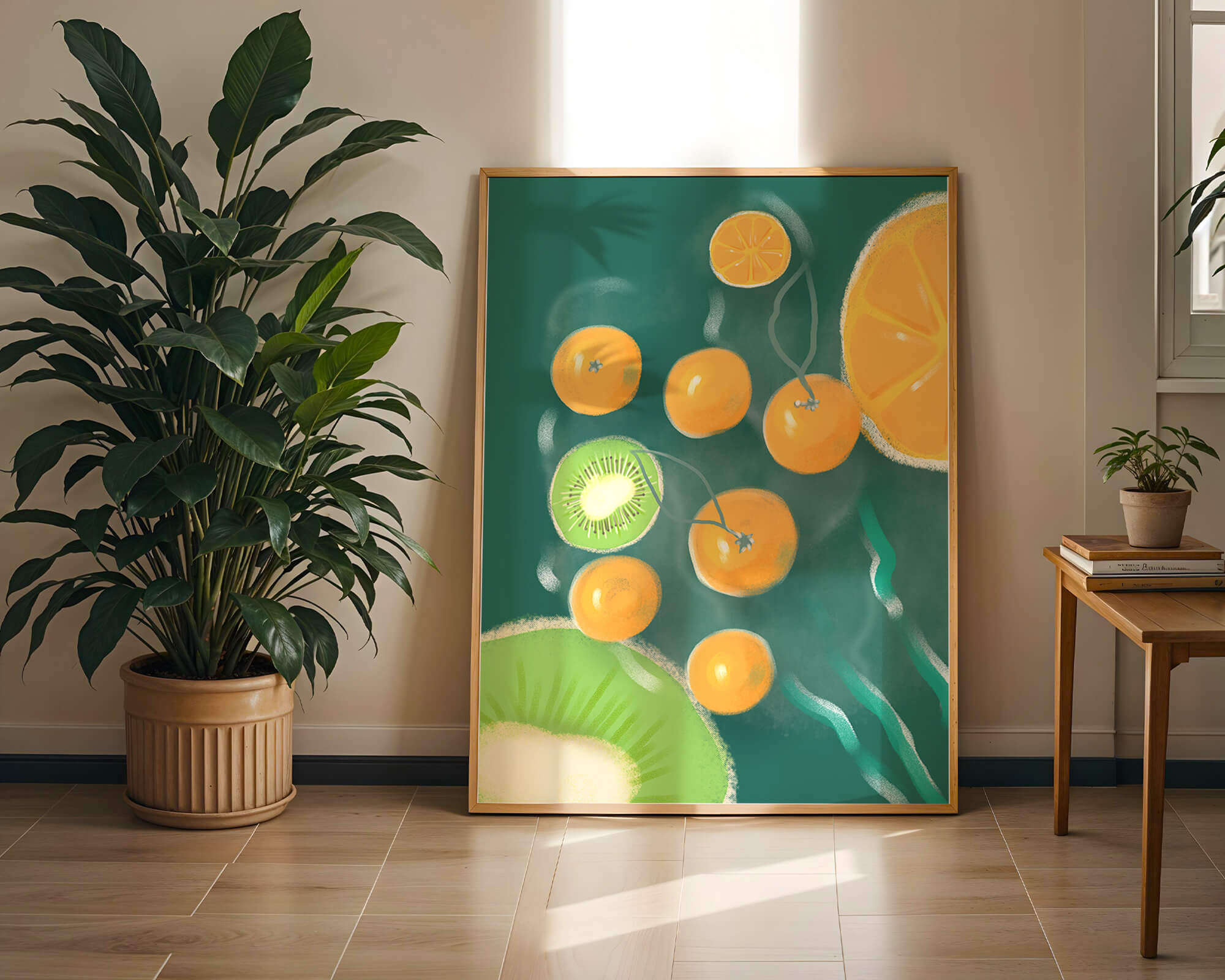 Vibrant kiwi and orange fruit pattern illustration