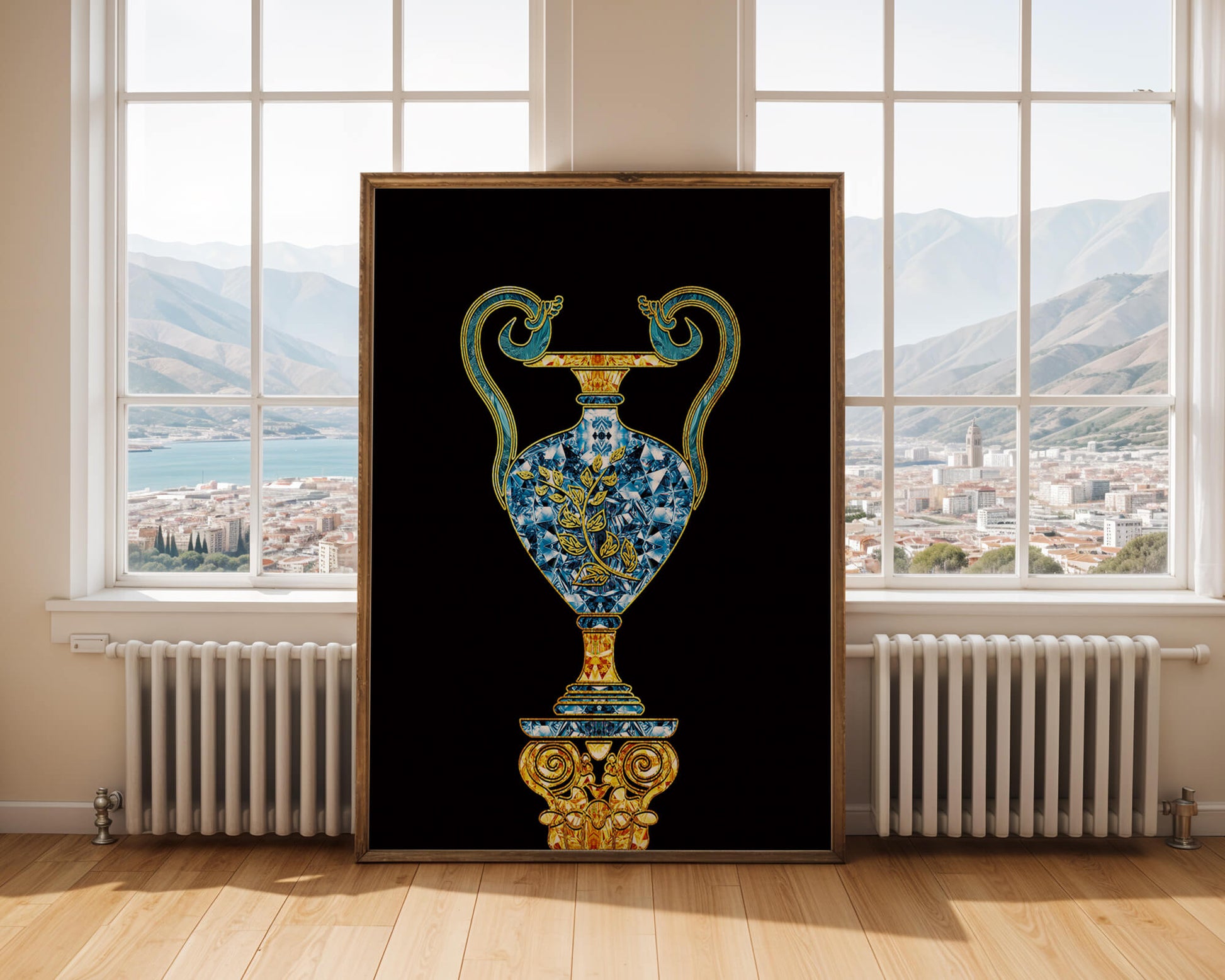 Elegante jarrón con incrustaciones de joyas y detalles dorados y azules sobre fondo negro