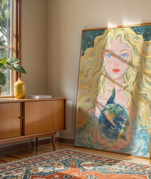 Fantasy artwork of woman holding earth with shimmering details